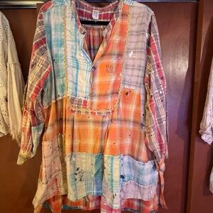 Boho Patchwork Plaid Tunic - Multicolor